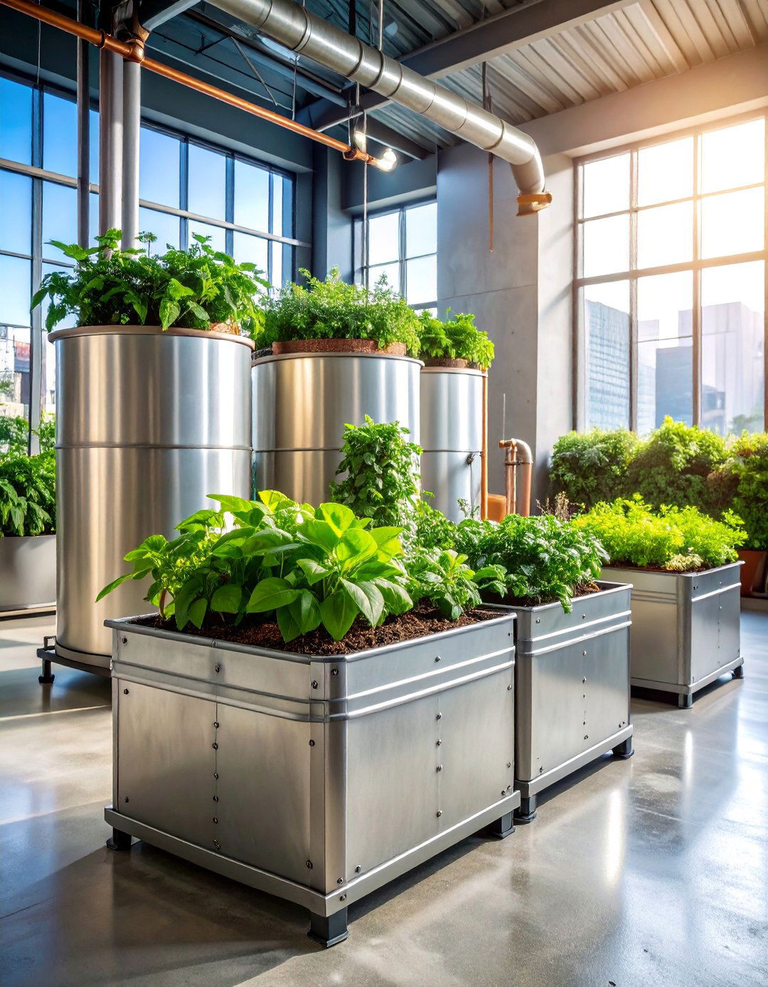 Industrial Style Indoor Garden with Metal Containers - 25 Indoor Garden Ideas