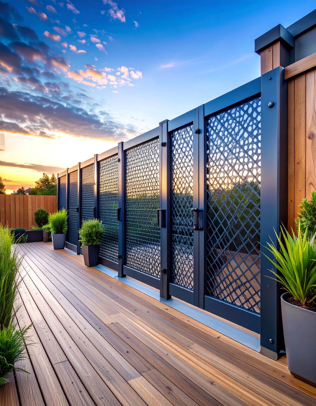 Industrial Style Metal Gate with Mesh Panels - 25 Deck Gate Ideas