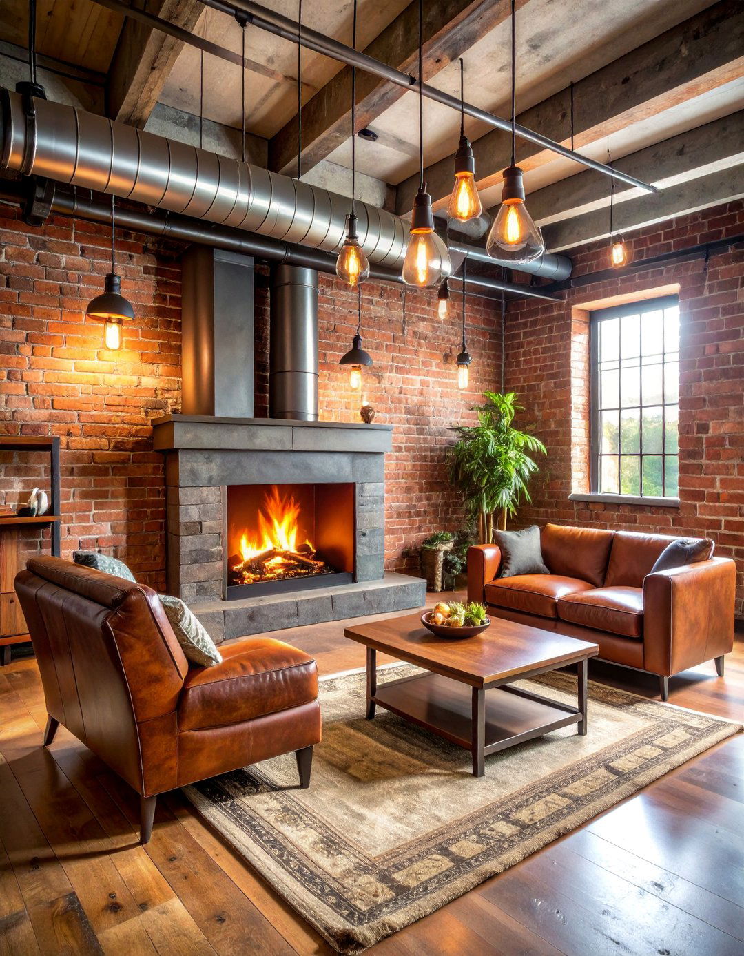 Industrial Style Steel Fireplace with Exposed Ductwork Design - 25 Basement Fireplace Ideas