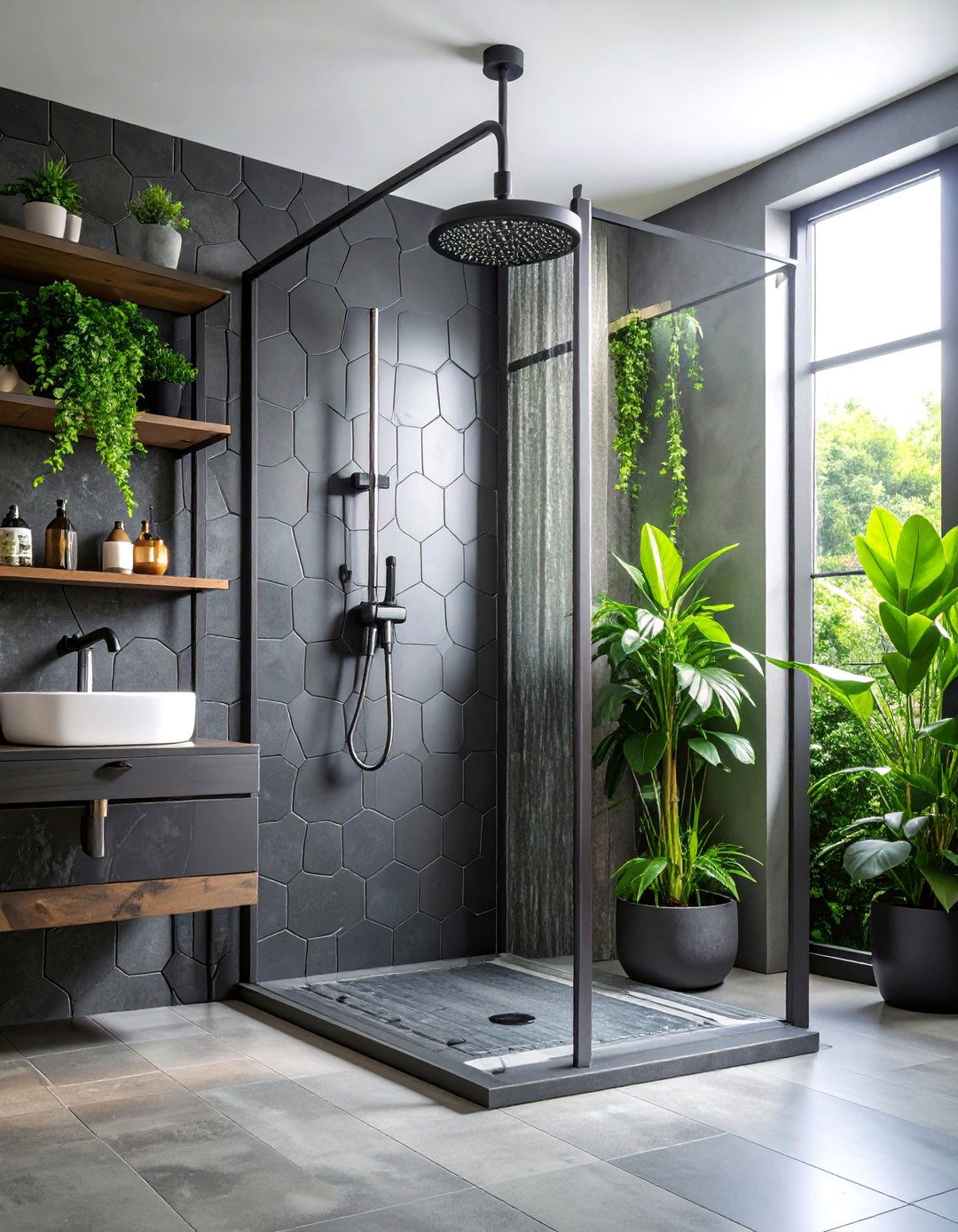 Industrial Style Walk in Shower with Black Hexagon Tiles - 25 Small Bathroom Walk-in Shower Ideas