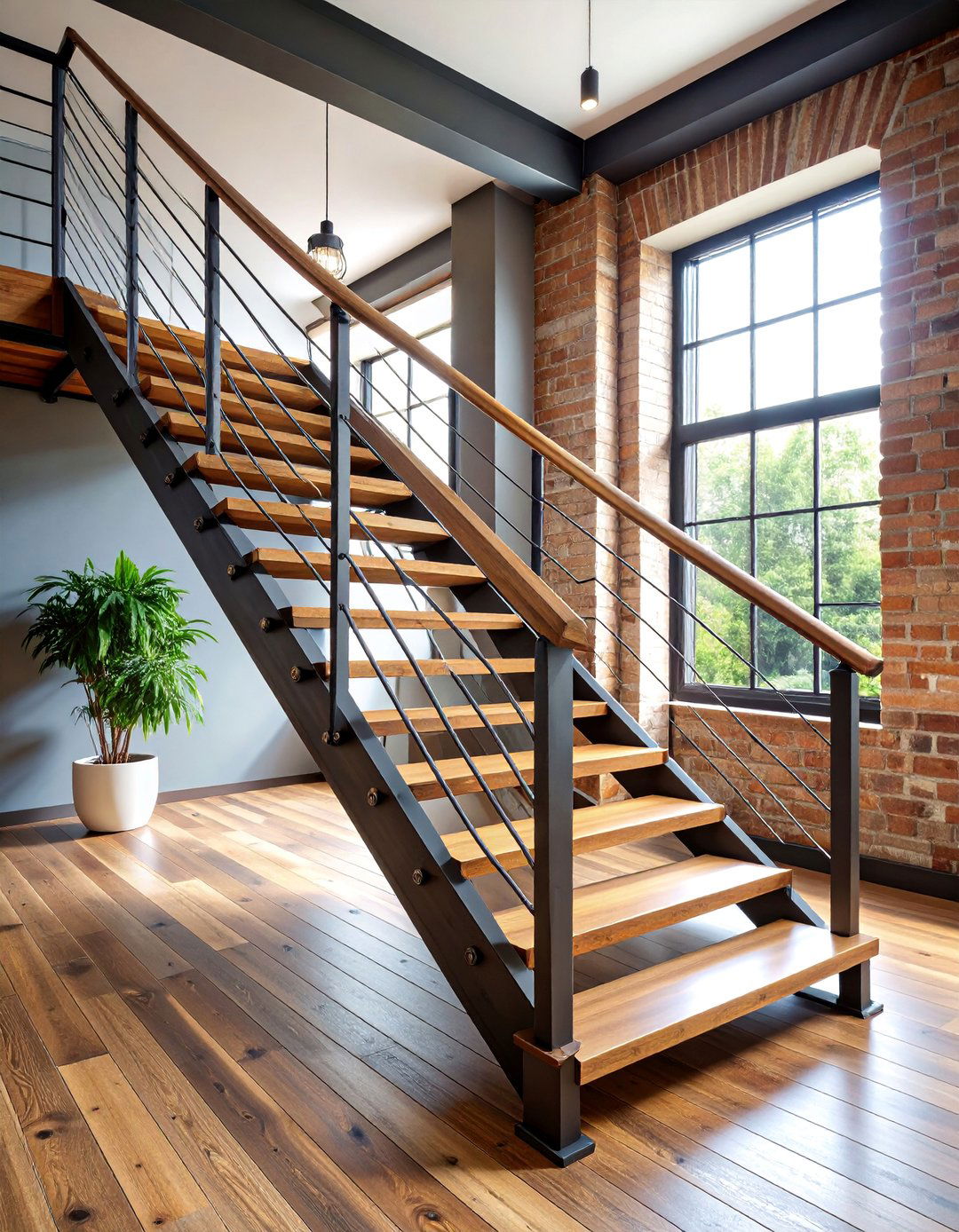 Industrial Style Wood and Steel Railing - 25 Wood Stair Railing Ideas