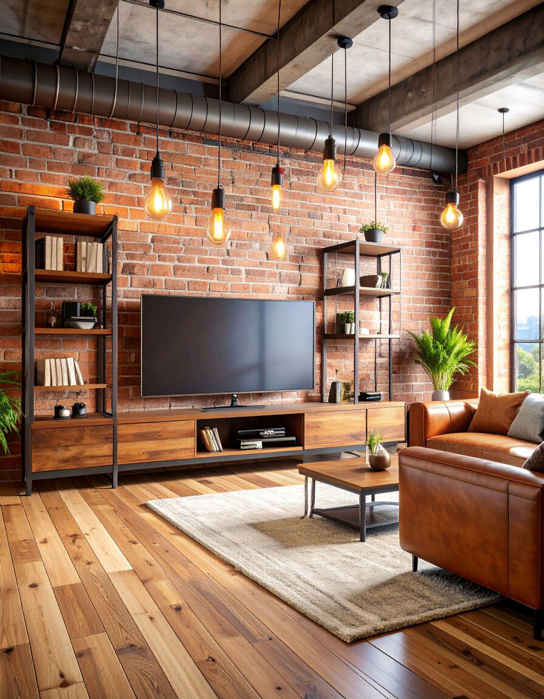 Industrial TV Room with Exposed Brick and Metal Accents - 25 Tv Room Ideas