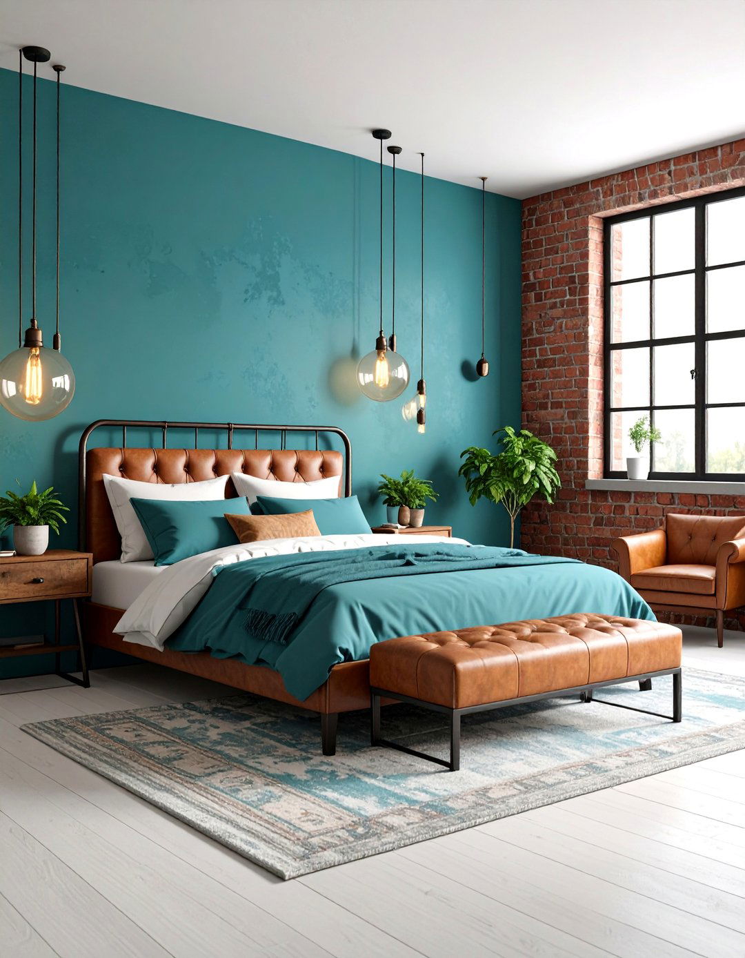 Industrial Teal Bedroom with Exposed Brick - 25 Teal Bedroom Ideas