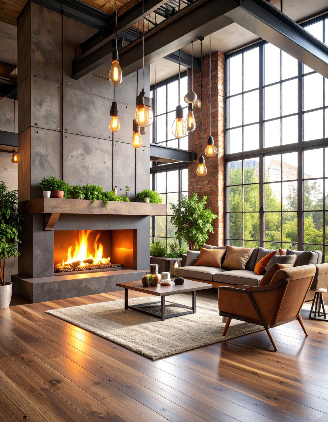 Industrial Two Story Fireplace with Exposed Metal Framework - 25 Two-story Fireplace Ideas