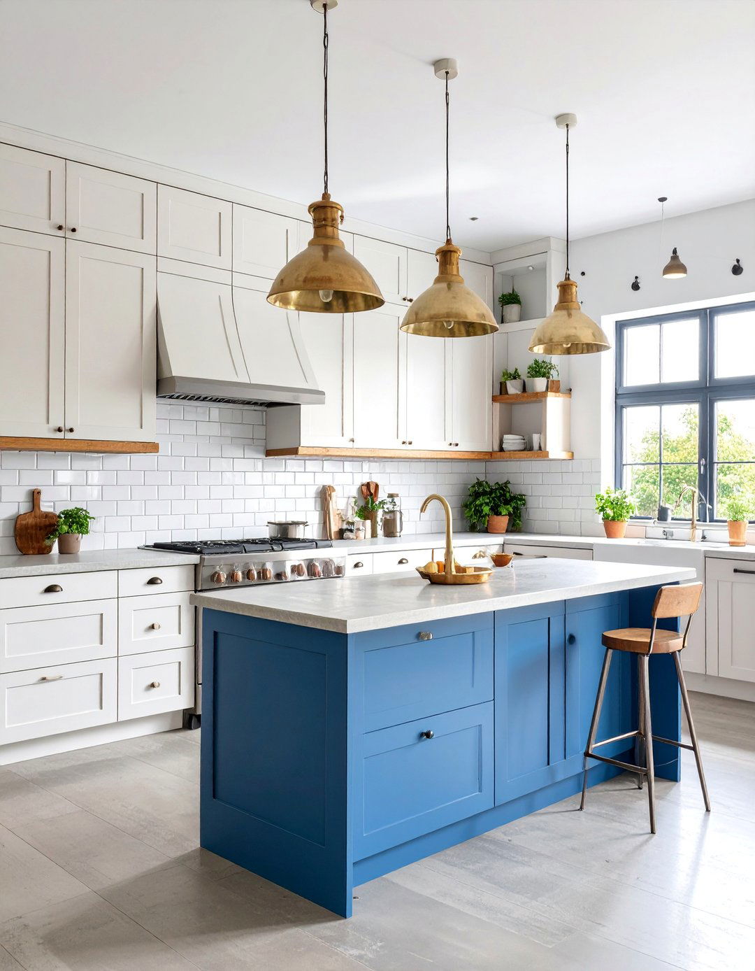 Industrial White Cabinets with Steel Blue Island - 25 White Kitchen Cabinets With Blue Island