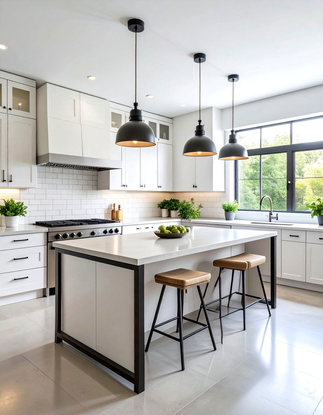 Industrial White Kitchen with Black Metal Island Frame - 25 white kitchen ideas with black island
