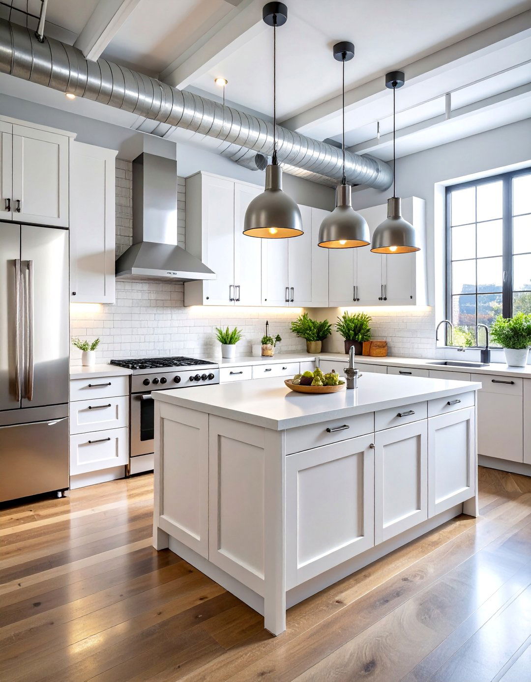 Industrial White Kitchen with Metal Accents - 25 White Kitchen with Stainless Steel Appliances Ideas