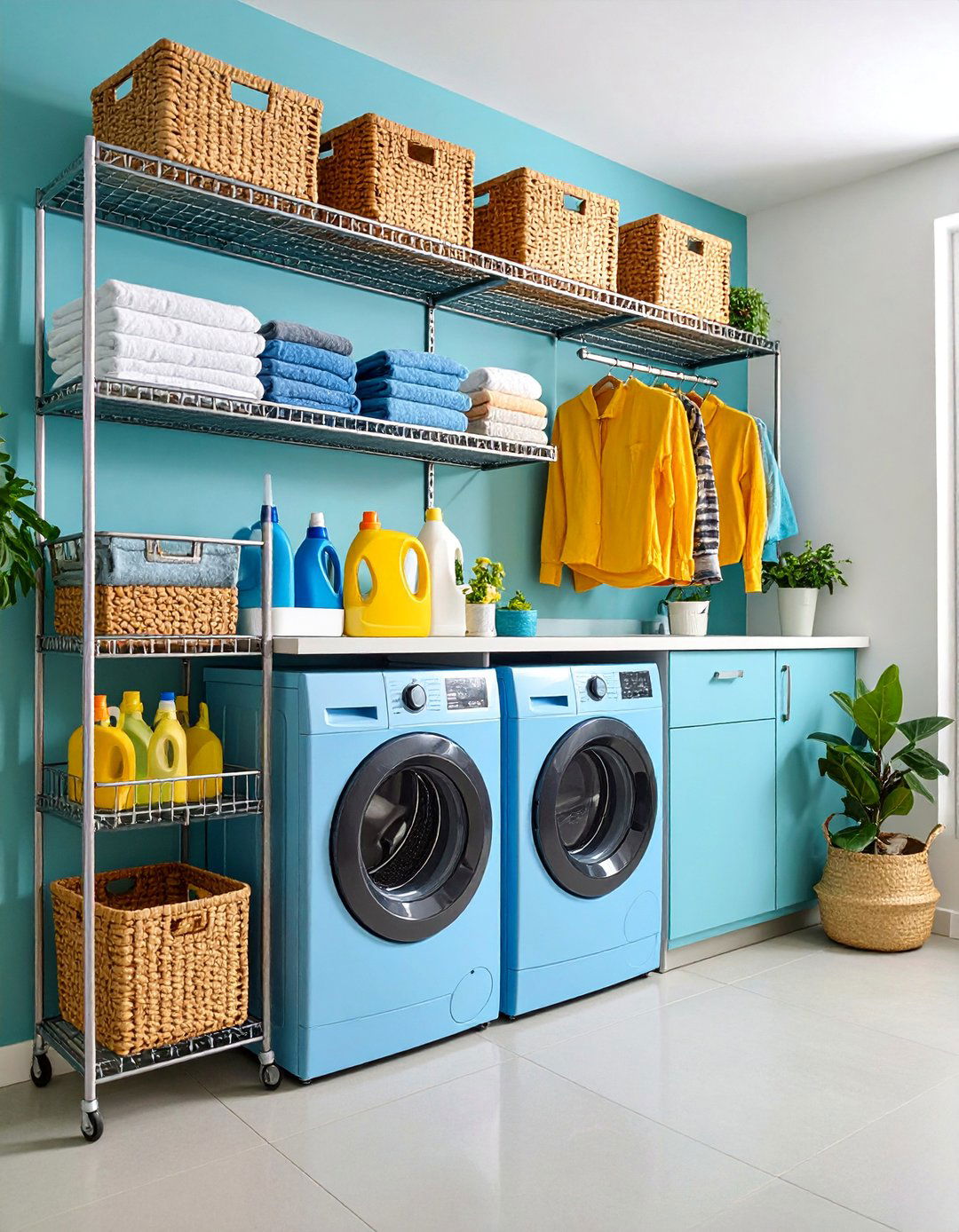 Industrial Wire Shelving with Rolling Cart - 25 Laundry Room Shelf Ideas
