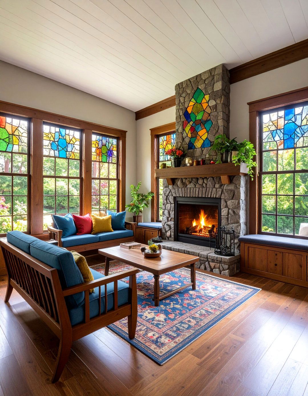 Inglenook with Stained Glass Windows - 25 Craftsman-style Fireplace Ideas