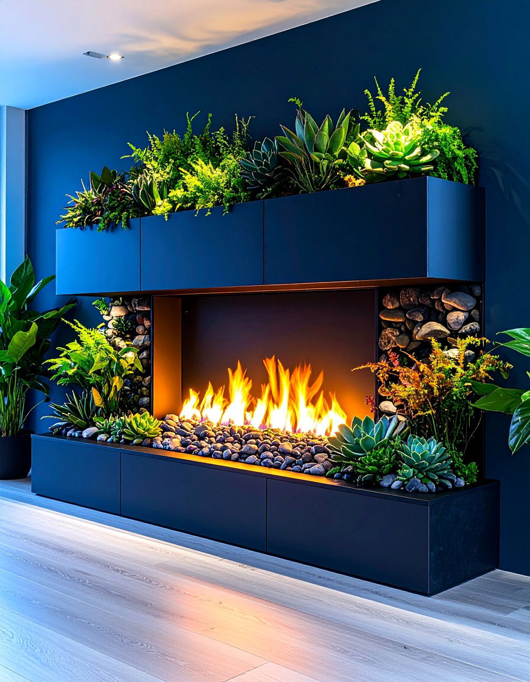 Integrated Planter Fireplace with Living Wall Elements - 25 Modern Fireplace Ideas