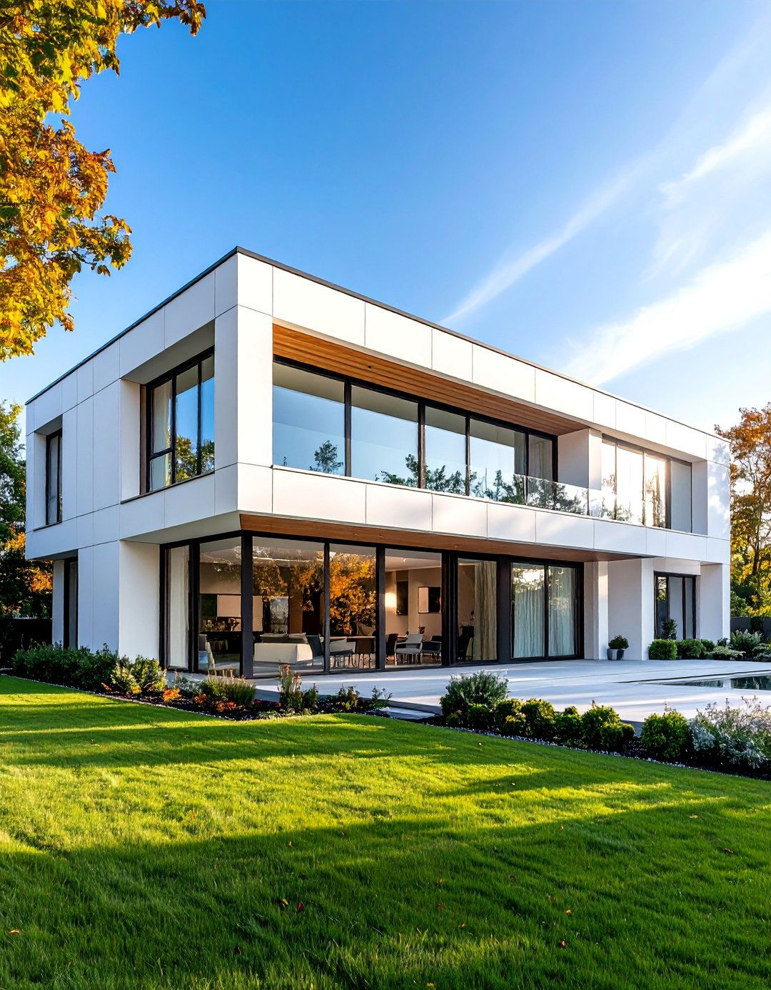 International Style with White Panel Siding - 25 White Siding House Designs