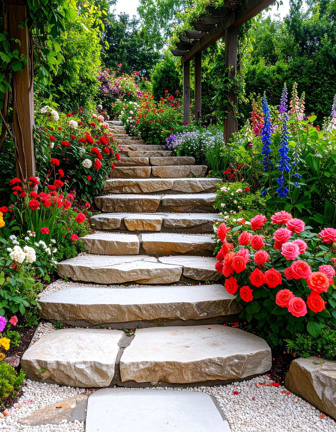 Irregular Sandstone Steps with Cottage Garden Overflow - 25 Flagstone Steps