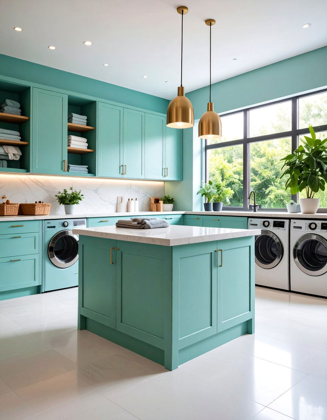 Island Style Laundry Room Countertops with Central Workspace - 25 Laundry Room Countertop Ideas