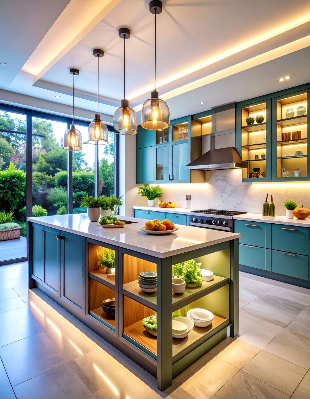 Island with Glass Front Display Cabinets - 25 Kitchen Island Storage Ideas