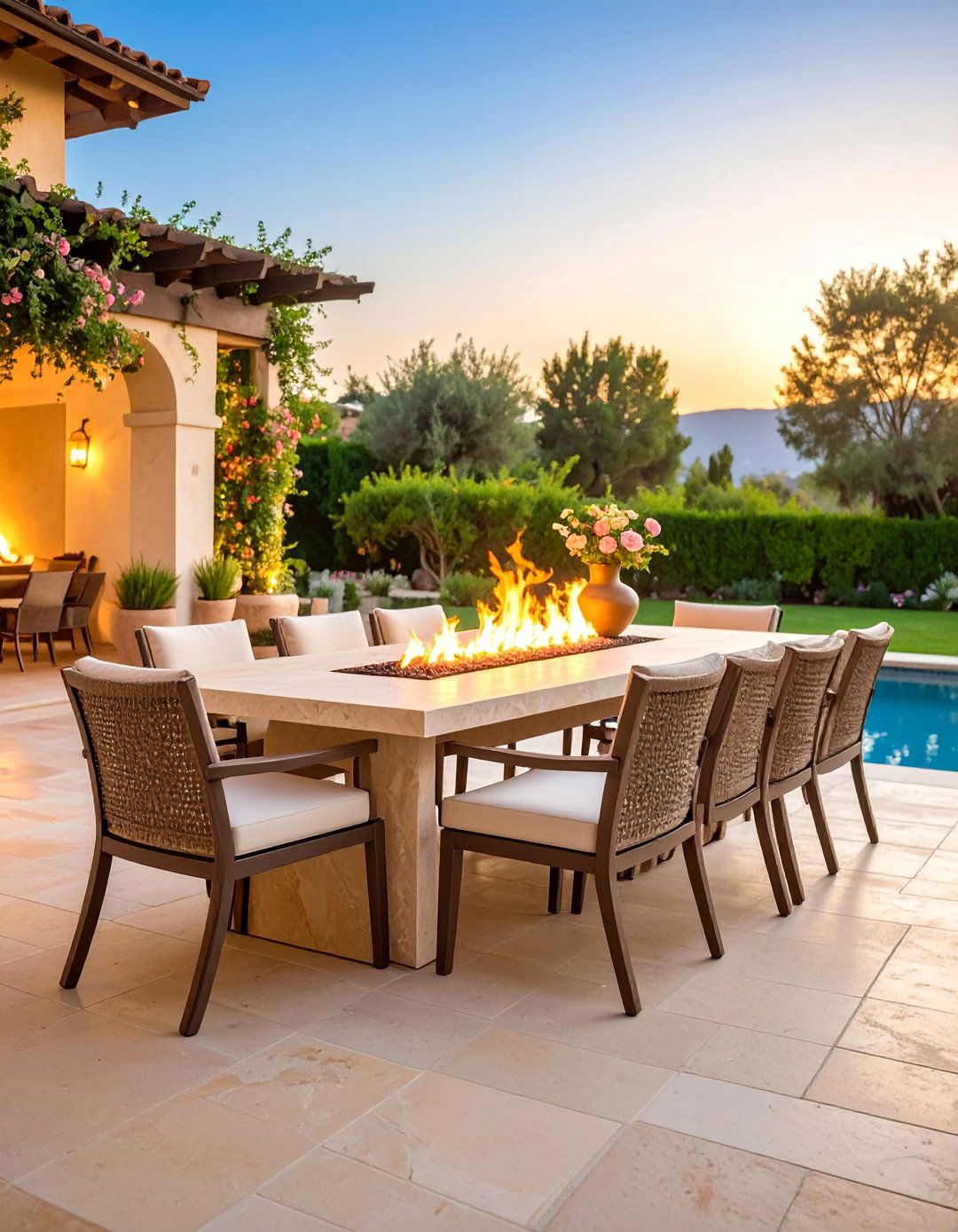 Italian Slate with Rectangular Fire Table - 25 stamped concrete patio with fire pit ideas