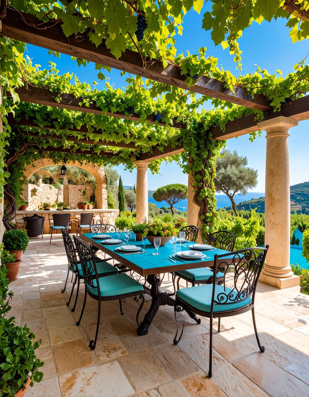 Italian Villa Stone Pergola Dining - 25 Mediterranean Patio Ideas