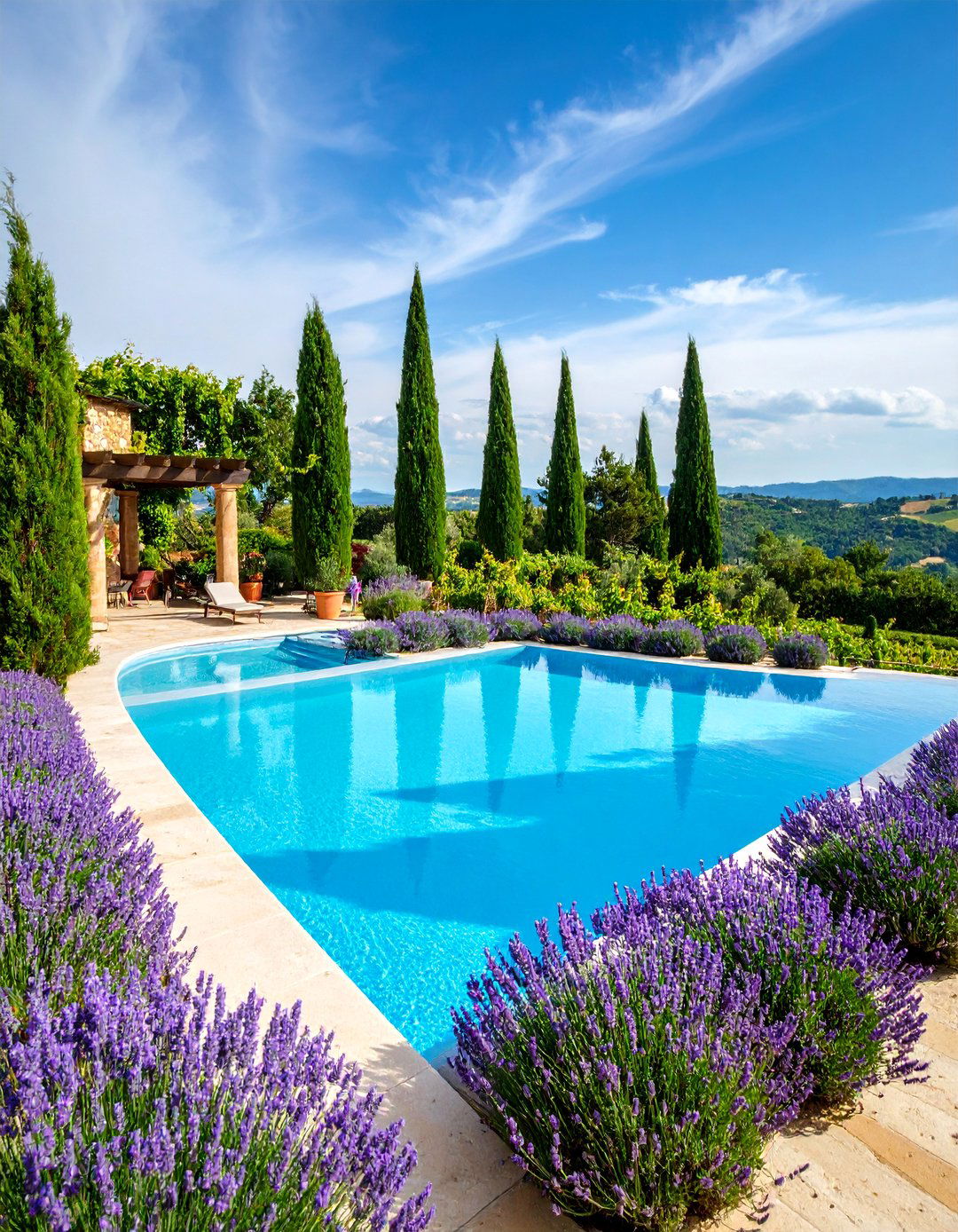 Italian Villa Style with Cypress and Lavender - 25 Pool Landscaping Ideas