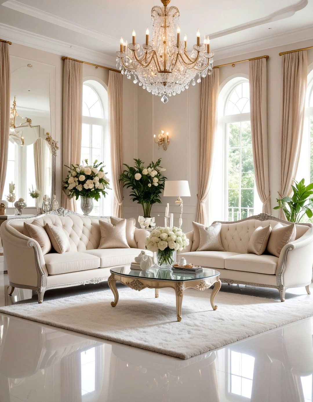 Ivory and Platinum Living Room with Crystal Details - 25 Art Deco Living Room Ideas