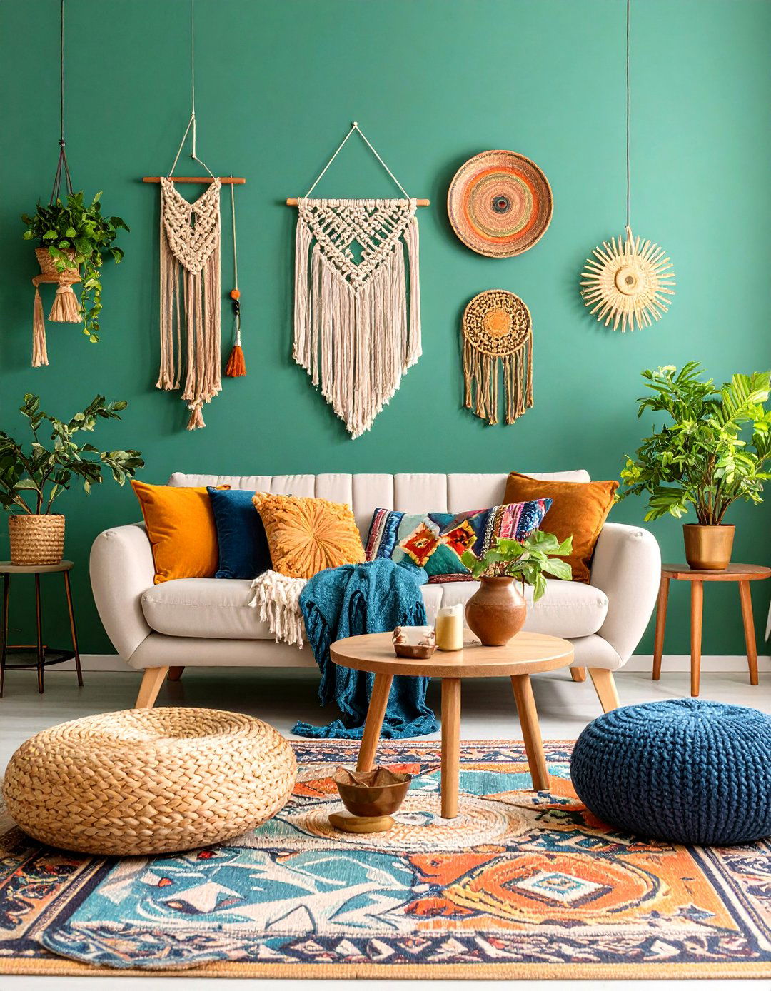 Jade Green Accent Wall with Bohemian Textiles - 25 Green Accent Wall Ideas