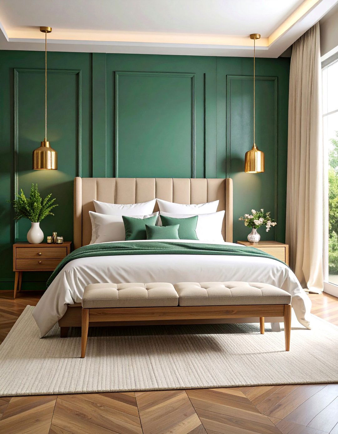 Jade Green Accent Wall with Brass Hardware - 25 Jade Green Bedroom Ideas