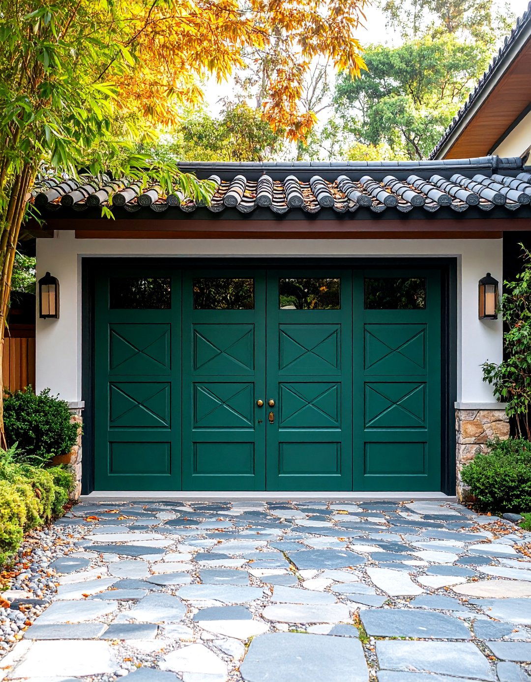 Jade Green Asian Inspired with Zen Garden Elements - 25 Green Garage Door Ideas