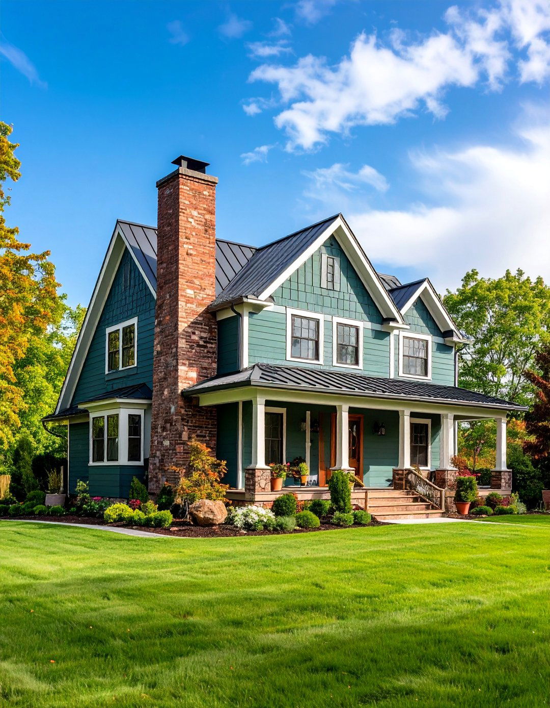 Jade Green Farmhouse with Brick Chimney Feature - 25 Farmhouse Green Exterior Home Ideas