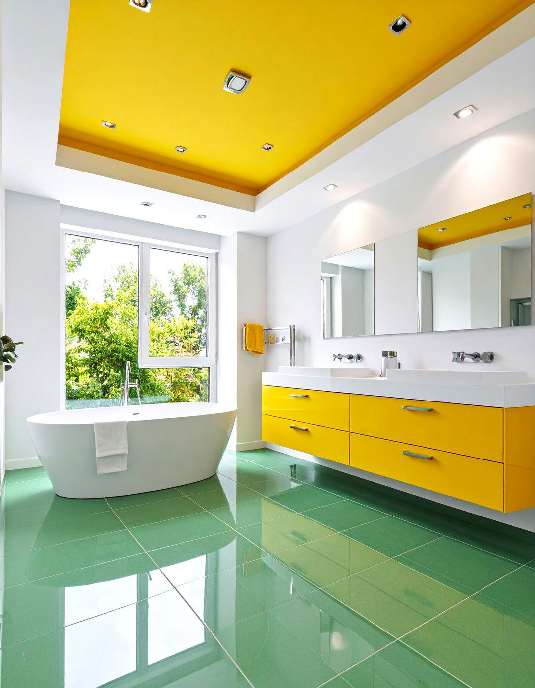 Jade Green Floor Tiles with Lemon Yellow Ceiling - 25 Yellow and Green Bathroom Ideas
