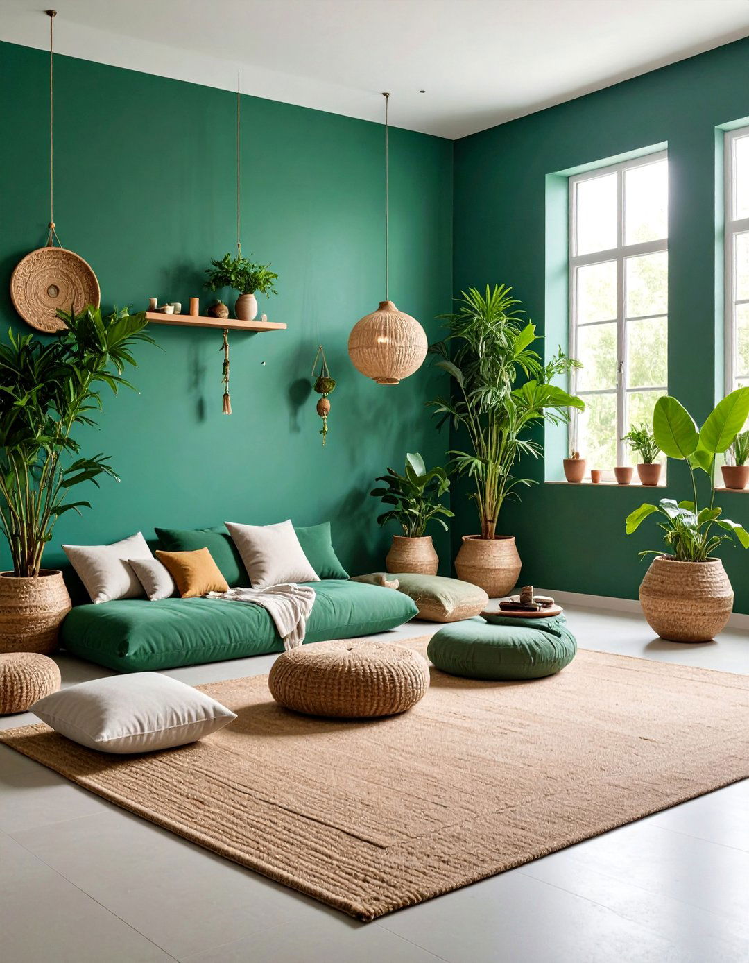 Jade Green Meditation Corner with Natural Textures - 25 Green Accent Wall Ideas