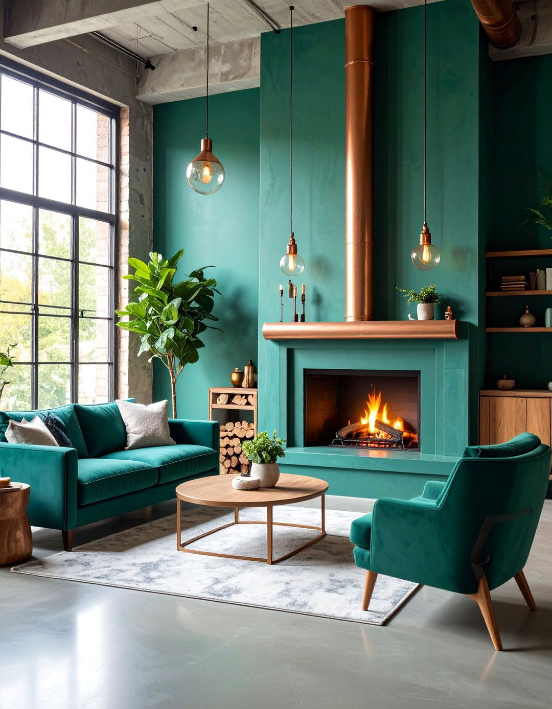 Jade Green Painted Stone with Copper Details - 25 Green Fireplace Ideas