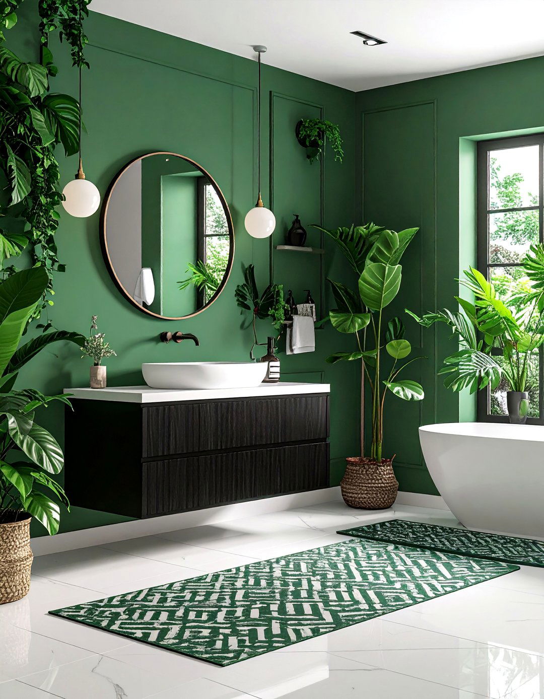 Jade Green Powder Room with Black and White Details - 25 Green Powder Room Ideas