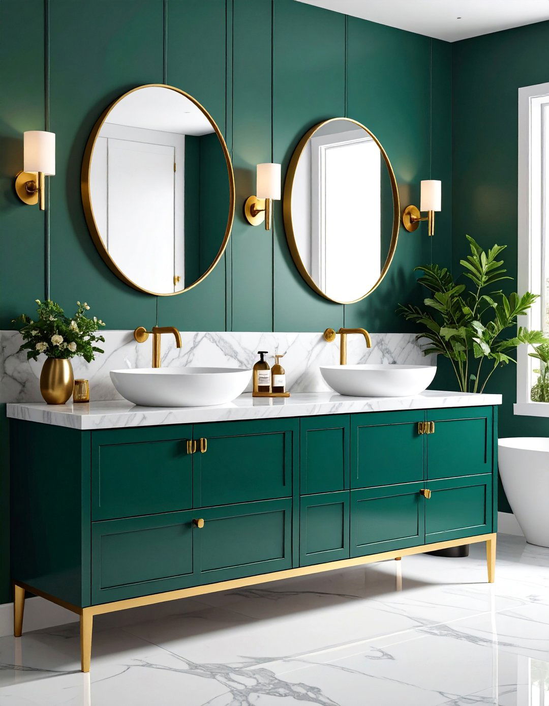 Jade Green Vanity with Brushed Gold Hardware - 25 Green and Gold Bathroom Ideas