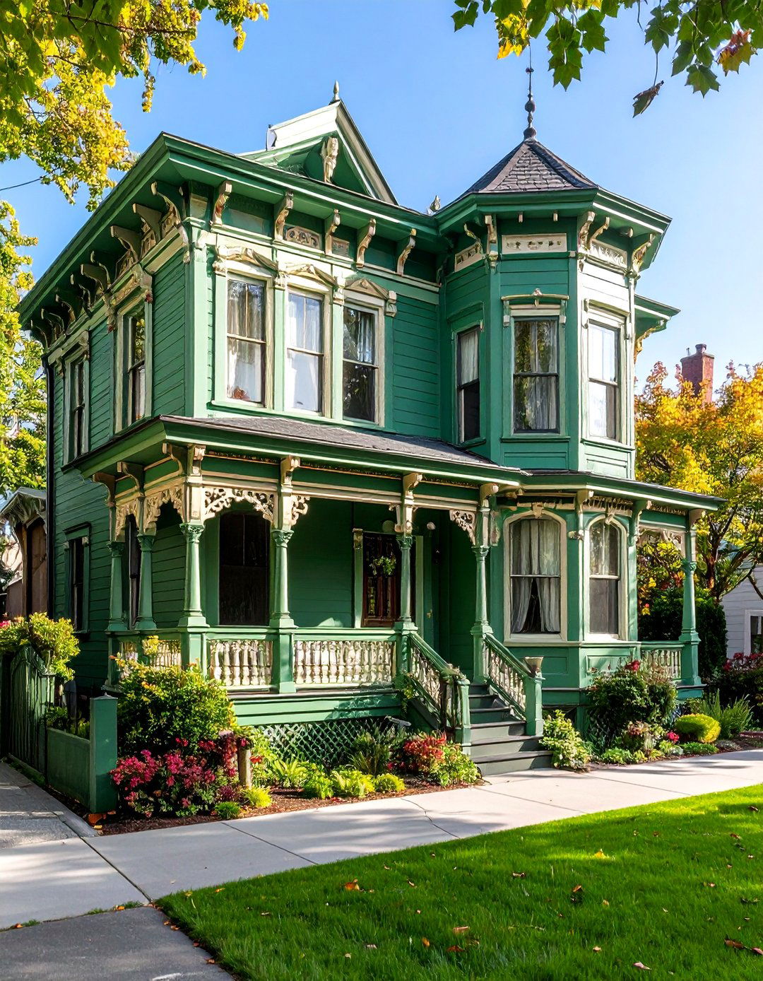 Jade Green Victorian Elegance with Ivory Highlights - 25 Green Victorian House Colors