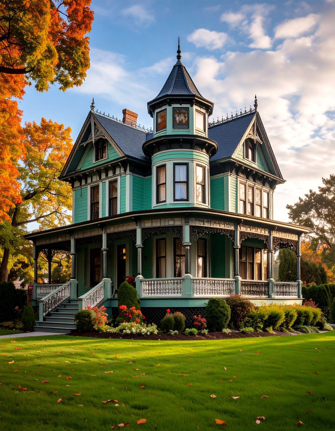 Jade Green Victorian Temple with Black Iron Details - 25 Green Victorian House Colors
