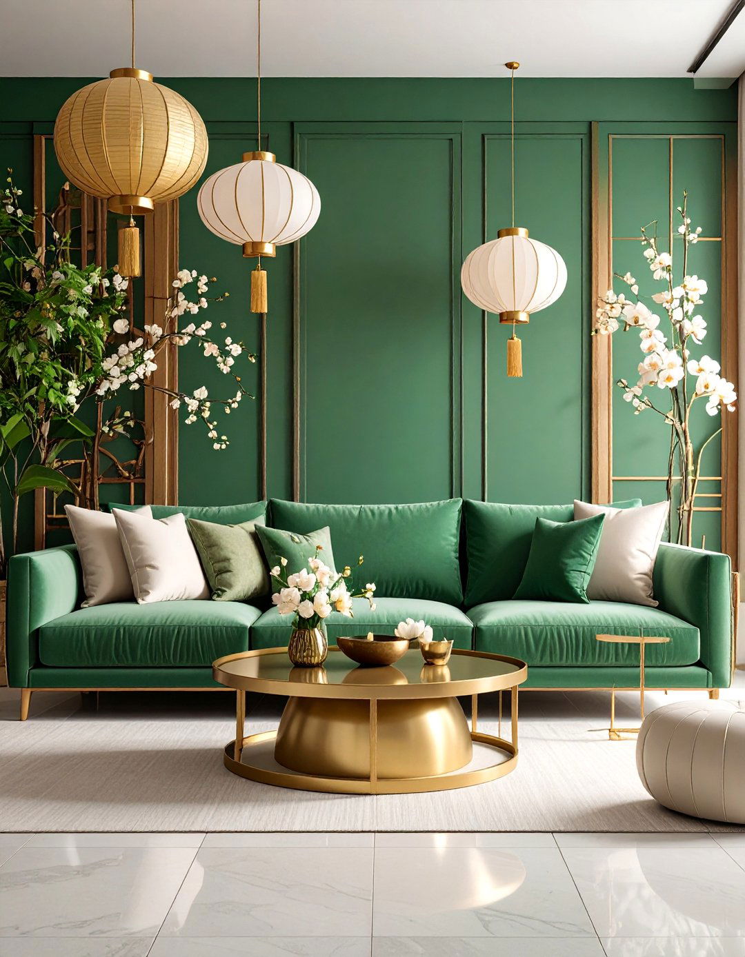 Jade Green and Burnished Gold Asian Inspired Living Room - 25 Green and Gold Living Room Ideas