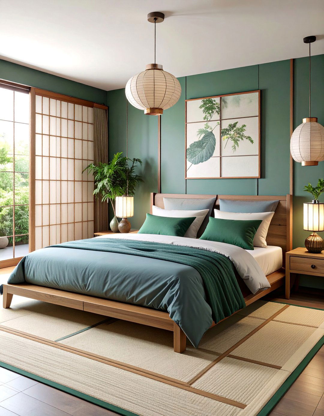 Jade Green and Slate Grey Asian Inspired Bedroom - 25 Green and Grey Bedroom Ideas