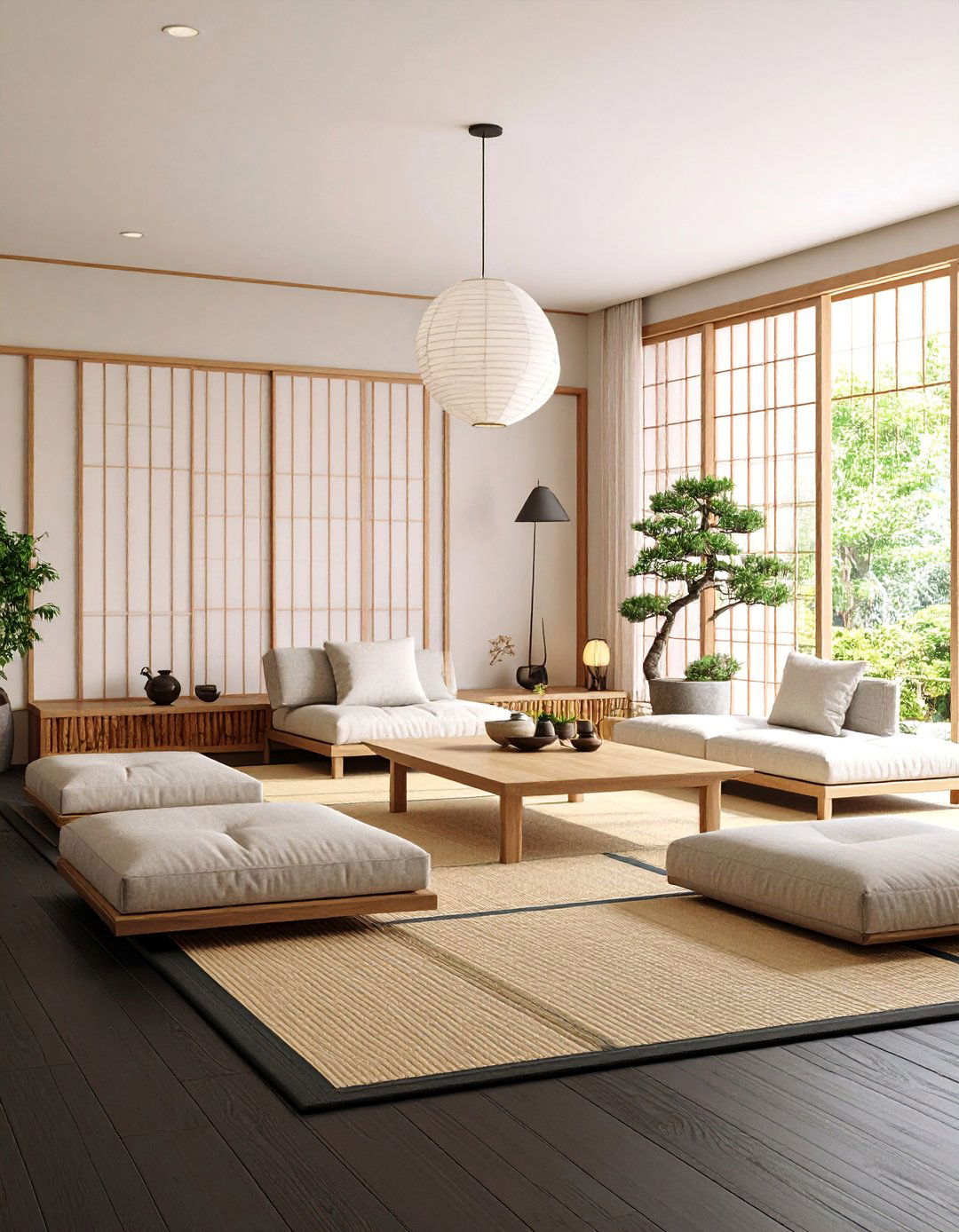 Japandi Serenity Black Floor Living Room - 25 Black Floor Living Room Ideas