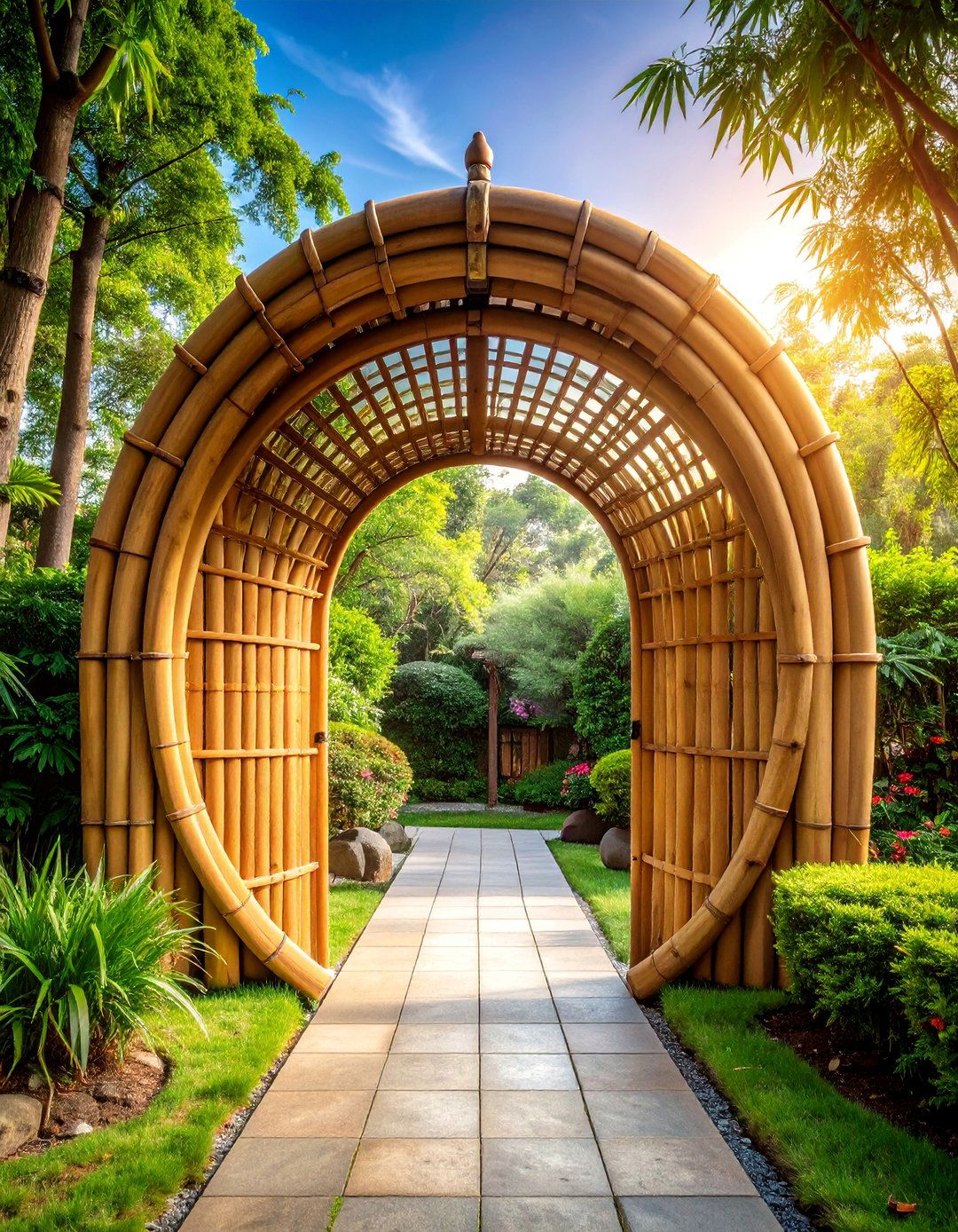 Japanese Inspired Bamboo Moon Gate Arch - 25 Garden Arch Ideas
