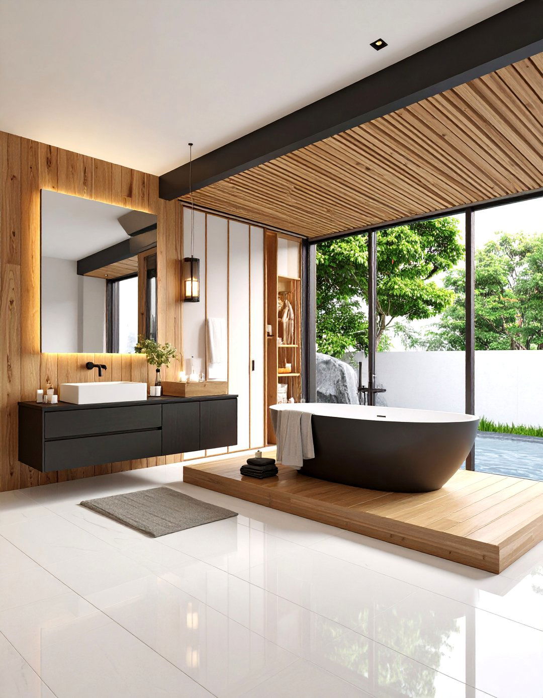 Japanese Inspired Black Shou Sugi Ban Wood with Minimalist Design - 25 Black and Wood Bathroom Ideas