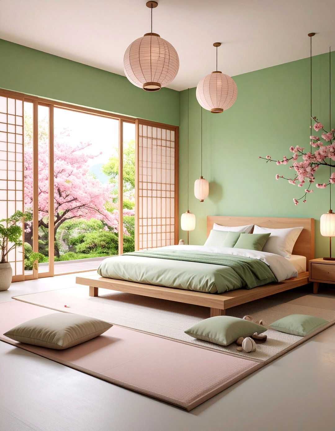 Japanese Inspired Colorful Zen Bedroom with Cherry Blossoms - 25 Colorful Bedroom Ideas
