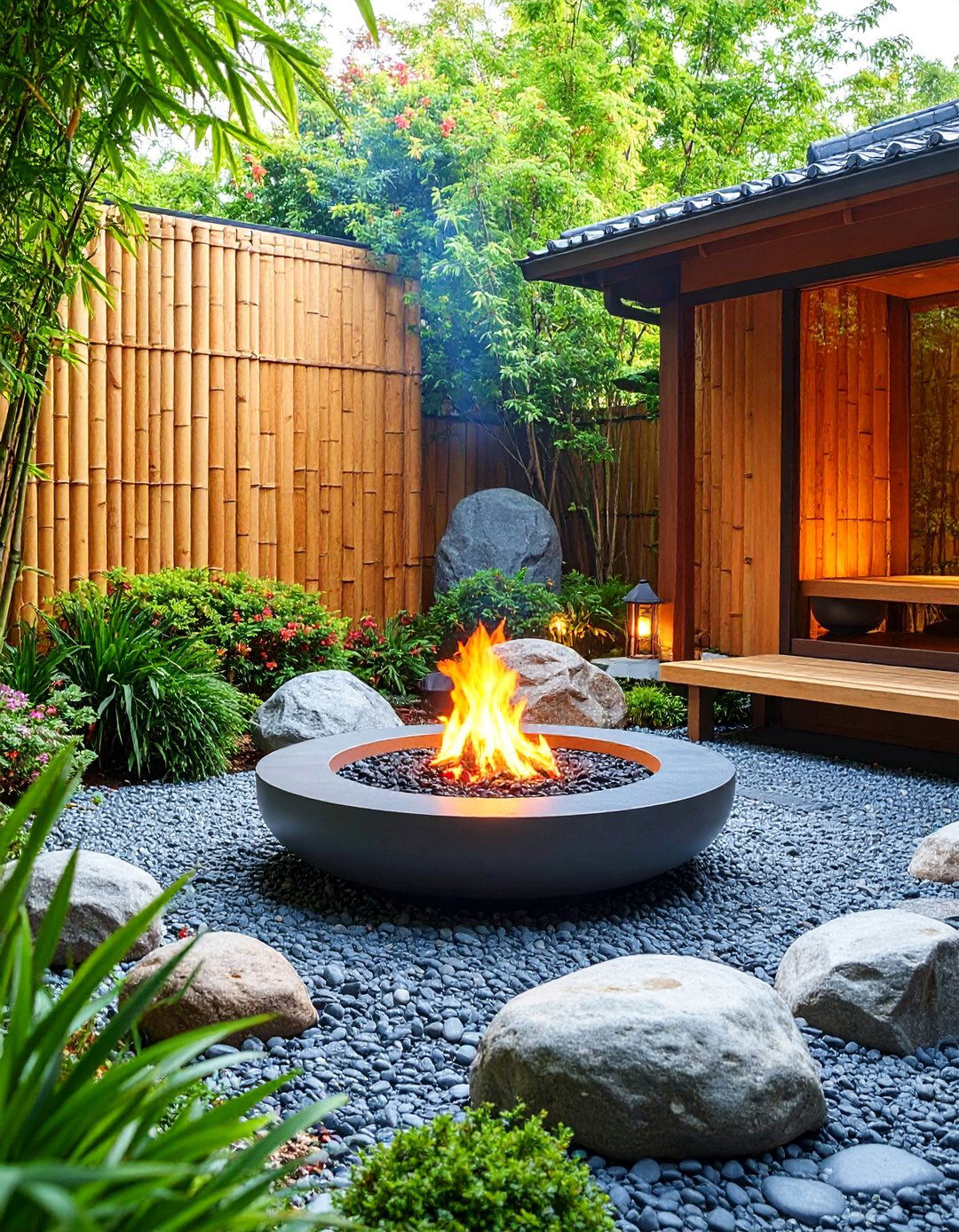Japanese Inspired Fire Pit with Bamboo Screens and Gravel Gardens - 25 Sunken Fire Pit Ideas