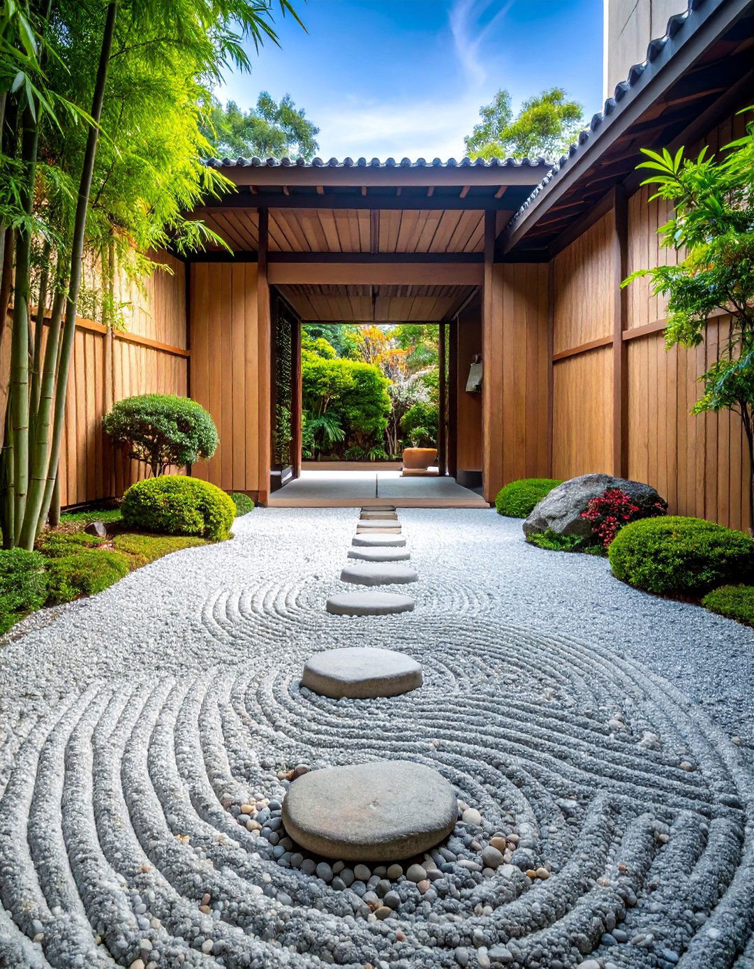 Japanese Inspired Gravel Garden with Bamboo Feature Elements - 25 Gravel Driveway Ideas