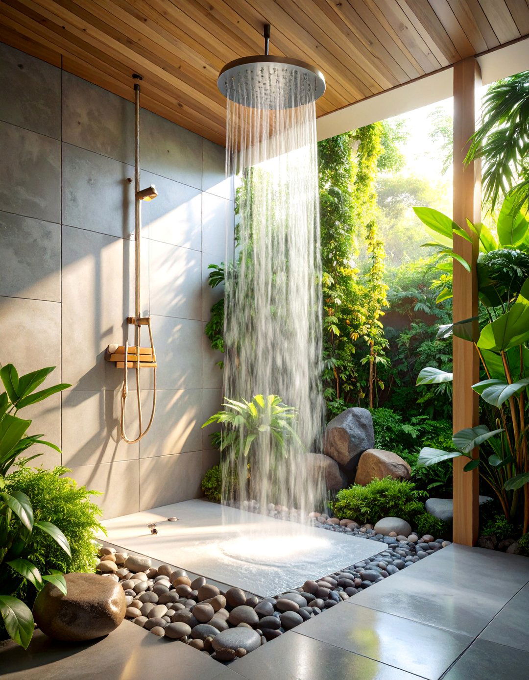 Japanese Inspired Half Wall Shower with Natural Elements - 25 Half-wall Shower Ideas