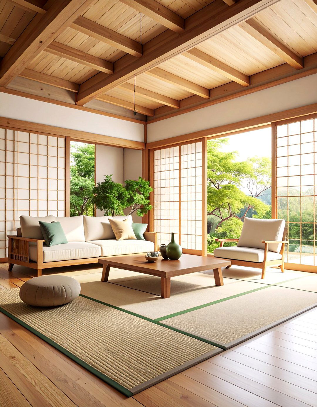 Japanese Inspired Living Room with Cedar Beam Framework - 25 Exposed Beam Living Room Ideas