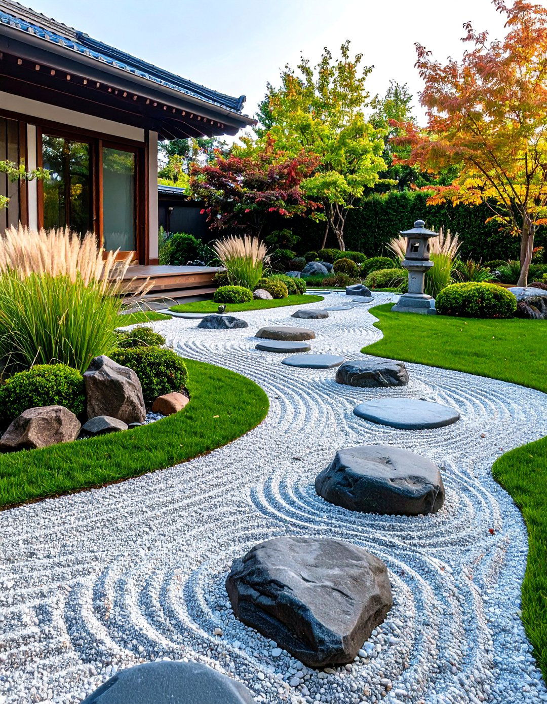 Japanese Inspired Pea Gravel Walkway with Raked Patterns - 25 Pea Gravel Walkway Ideas