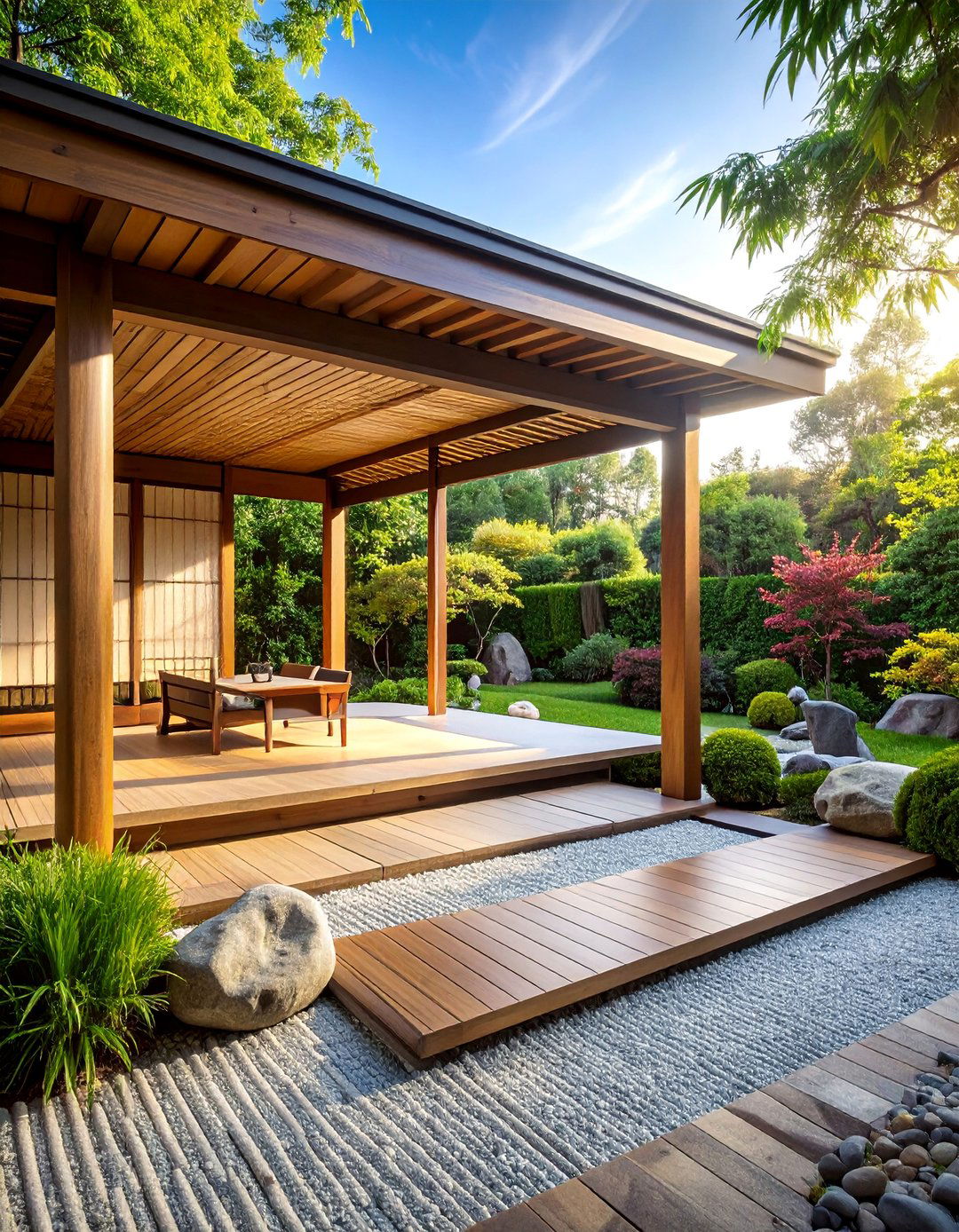 Japanese Inspired Pergola with Bamboo Screen Elements - 25 Patio Pergola Ideas