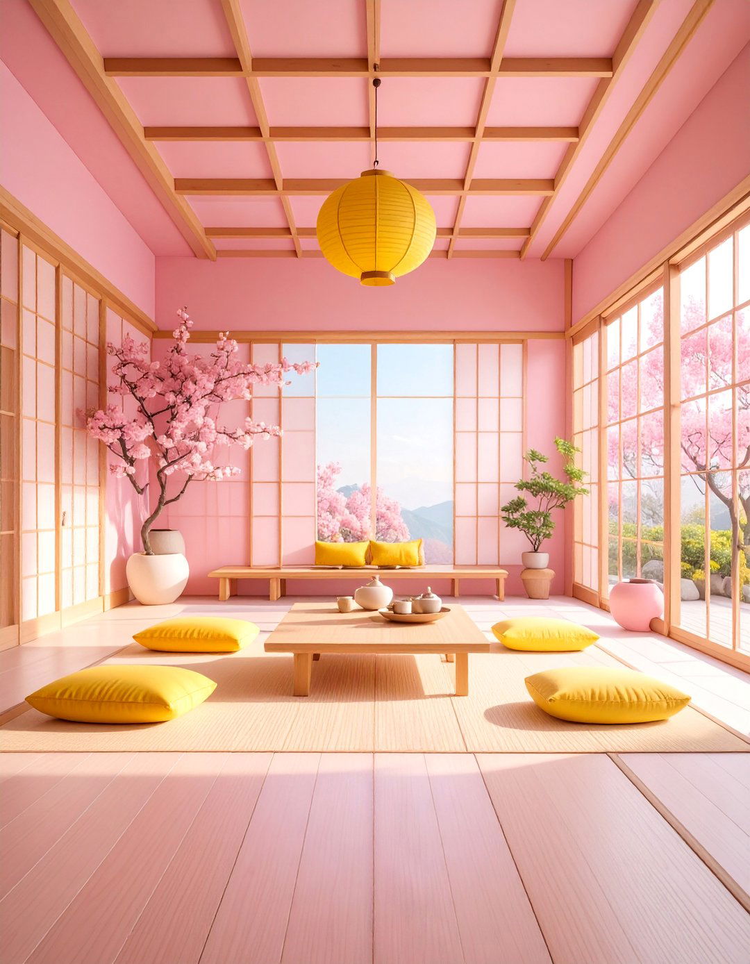 Japanese Inspired Pink and Yellow Tea Room with Natural Materials - 25 How to Decorate With Yellow and Pink