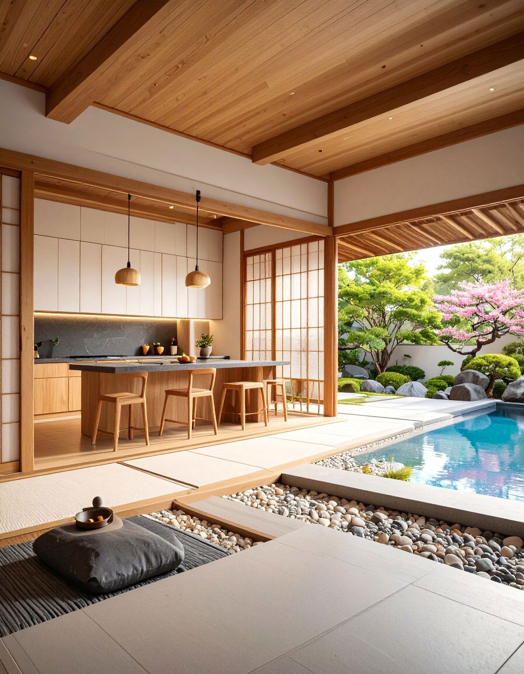 Japanese Inspired Zen Pool House with Minimalist Kitchen - 25 Pool House With Outdoor Kitchen Ideas