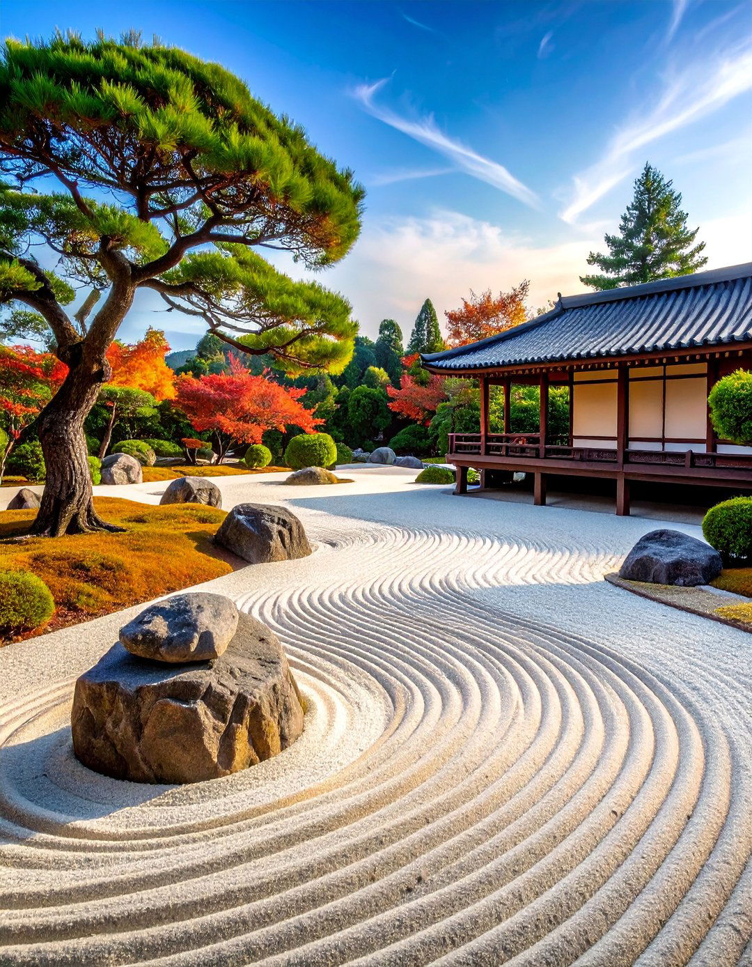 Japanese Karesansui White Sand Raked Pattern Garden - 25 White Rock Landscaping Ideas