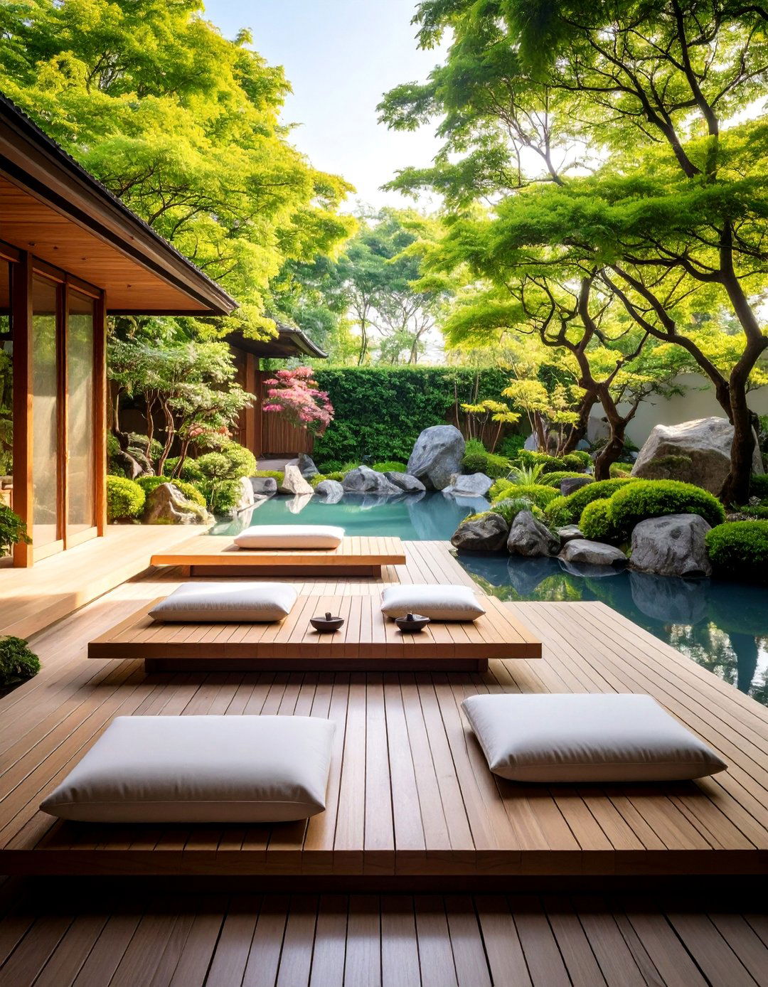 Japanese Pool Garden with Low Profile Seating - 25 Pool Furniture Ideas