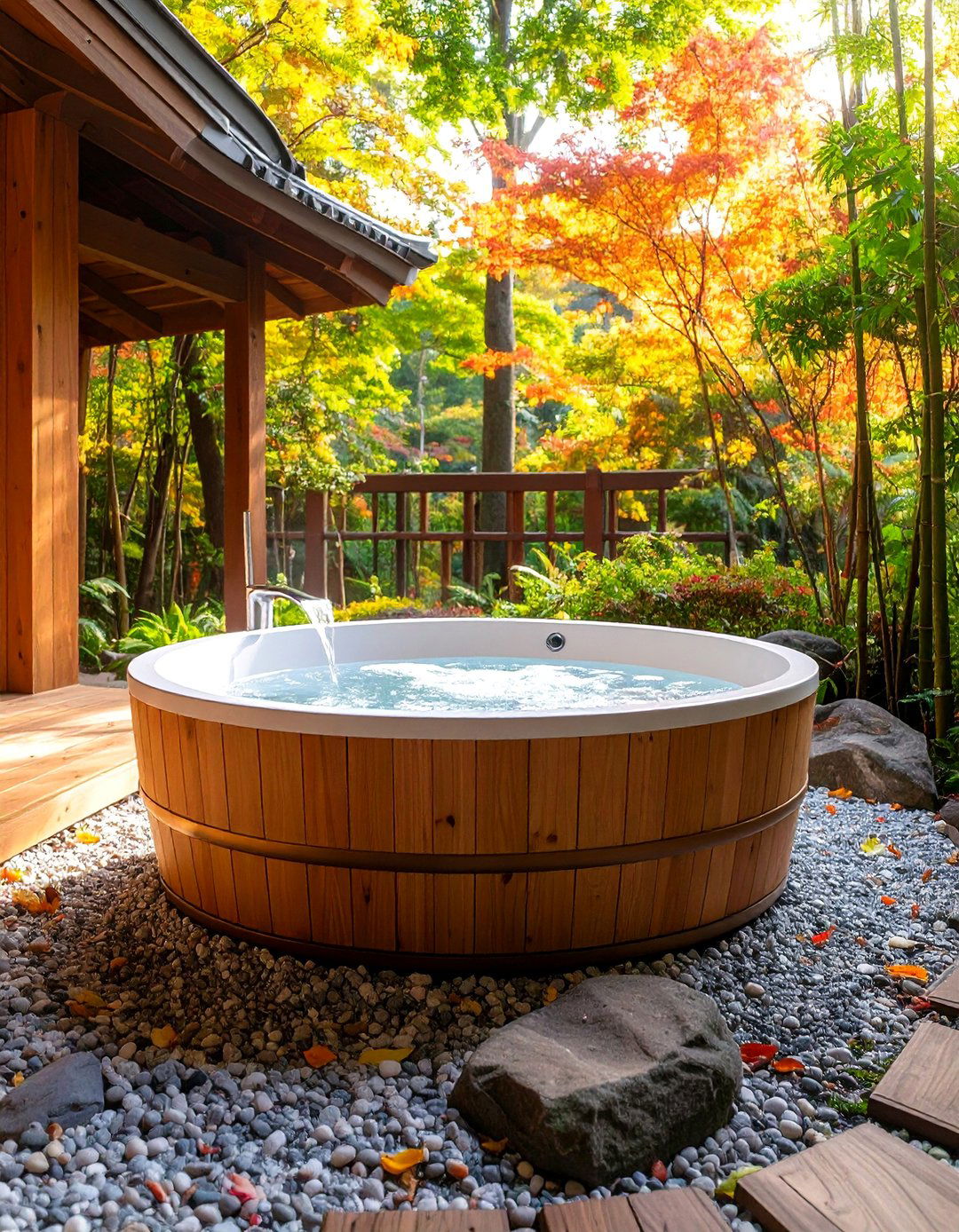Japanese Soaking Tub with Gravel Garden - 25 Rustic Outdoor Bathroom Ideas